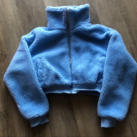 Missguided Jackets & Blazers - Missguided blue chunky crop zip borg jacket